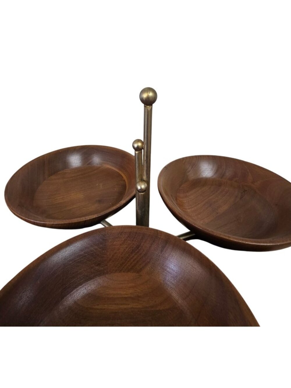 Mid-Century Modern Wood & Brass 3 Serving Snack Dish Nut Bowl - Picture 4 of 10